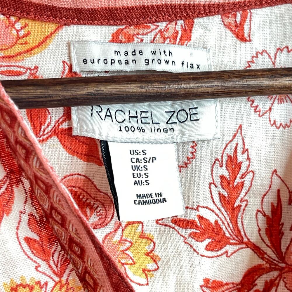 Rachel Zoe 100% Linen Floral Button Front Boho Shirt Top Small Red Salmon Coral - Picture 6 of 11